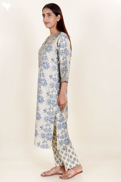 Tussar Cotton Kurta Pant And Dupatta Set With Block Print